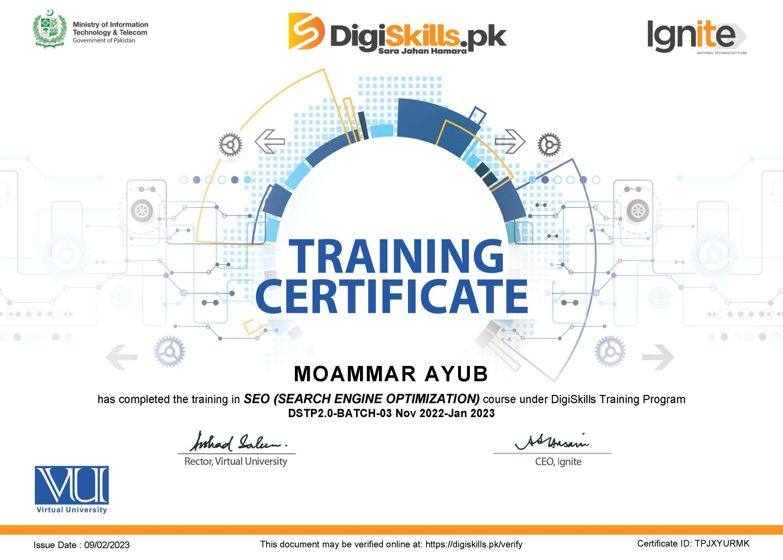 SEO certificate by Digiskills